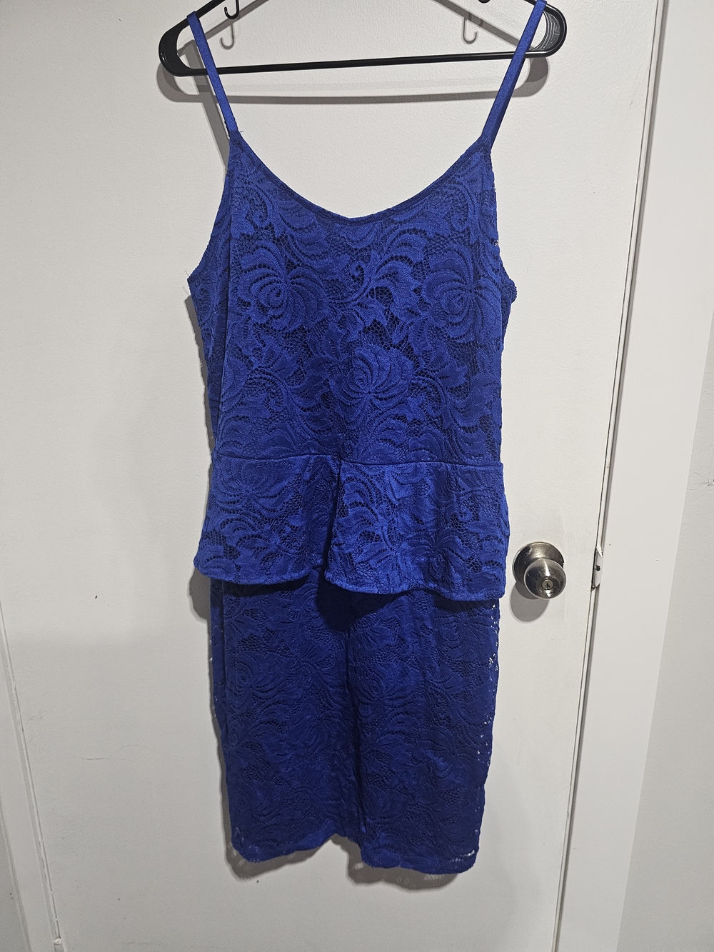 Blue Lace Peplum Spaghetti-Strap Dress